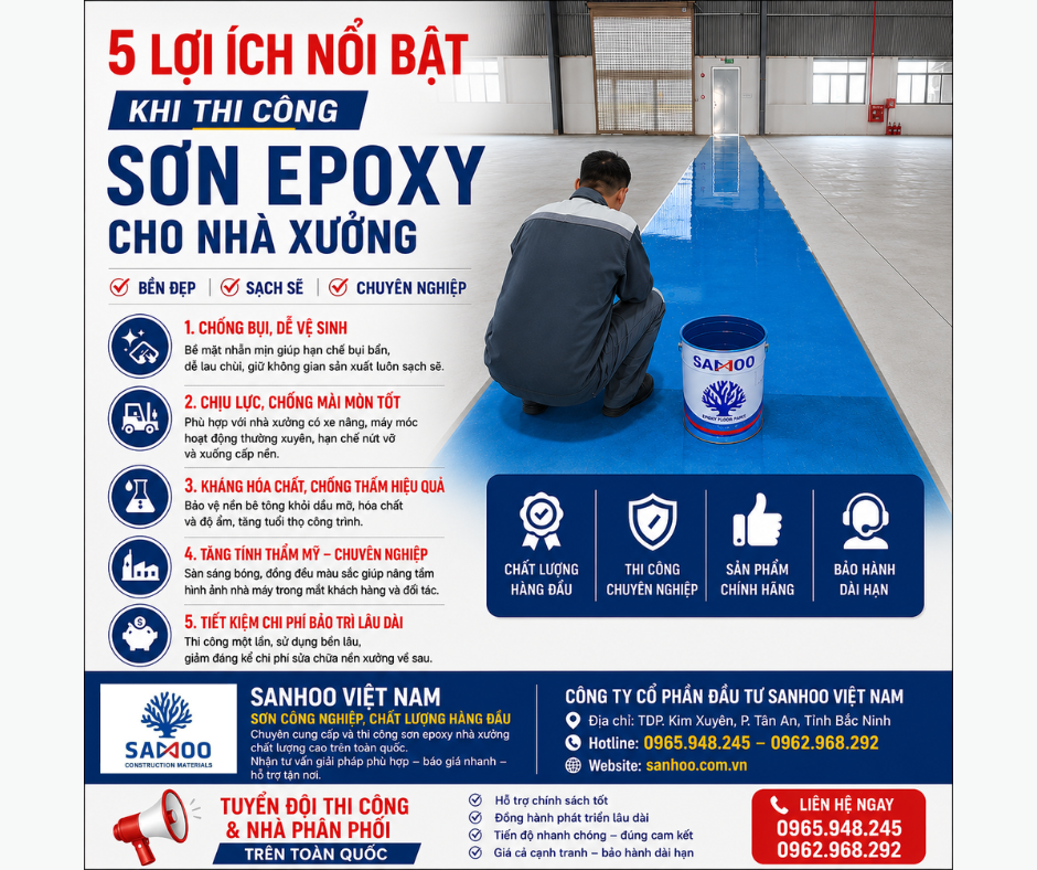 5 Lợi Ích Nổi Bật Khi Thi Công Sơn Epoxy Cho Nhà Xưởng – Giải Pháp Nâng Cấp Sàn Bền Đẹp, Chuyên Nghiệp