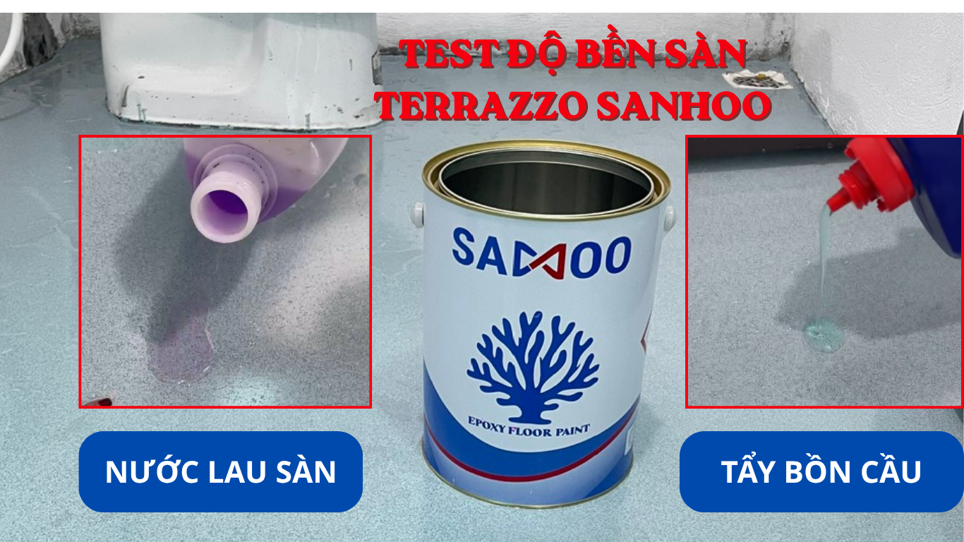 TEST ĐỘ BỀN SÀN TERRAZZO – CHỊU ĐƯỢC NƯỚC TẨY RỬA, KHÔNG BAY MÀU?