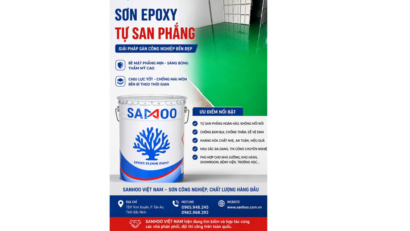 SƠN EPOXY TỰ SAN PHẲNG SANHOO VIỆT NAM – GIẢI PHÁP SÀN CÔNG NGHIỆP BỀN ĐẸP, CHẤT LƯỢNG CAO