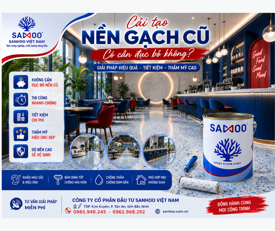 Cải tạo nền gạch cũ có cần đục bỏ không? Giải pháp tối ưu với sơn hiệu ứng Terrazzo sàn SANHOO